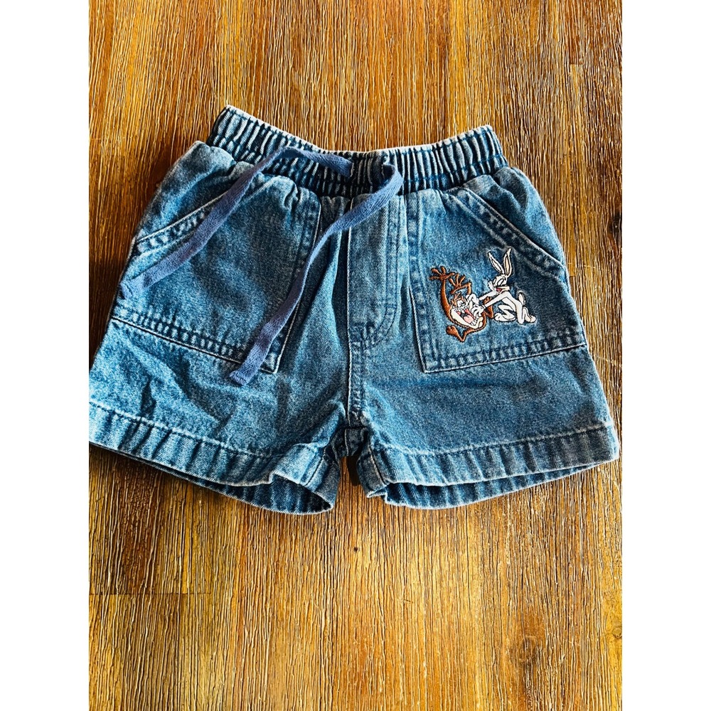 Vintage Warner Bros Looney Tunes Bugs Bunny Taz Denim Shorts Toddler 12M Blue
